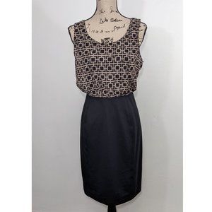 NWT Banana Republic Sheath Blouson Dress Black Tan Patterned Top Solid Bottom 2